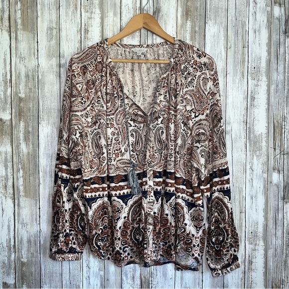 Lucky Brand Tops - Lucky Brand Brown Boho Tie Neck Peasant Blouse